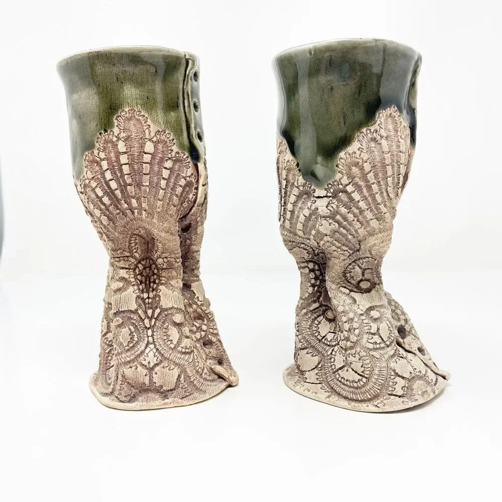 Hand Thrown Art Studio Pottery Decorative Goblet Mug Glaze Abstract Set of 2